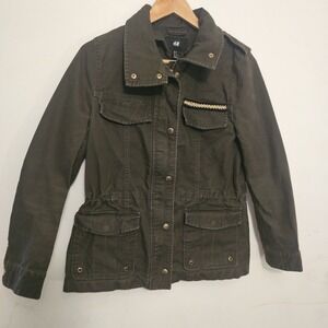 H&M‎ Women's Large Size 8 Cotton Military Jacket Army Green Cargo Cotton